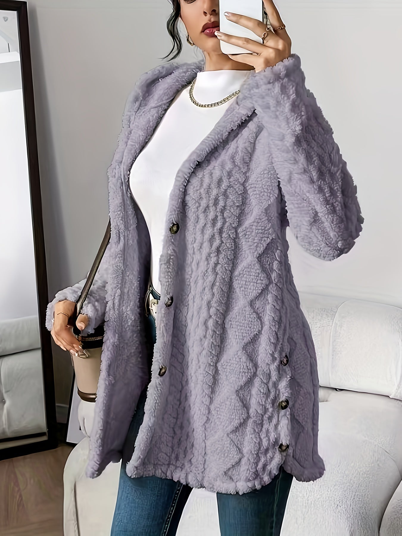 CYC Plush Jacquard Hooded Cardigan Coat