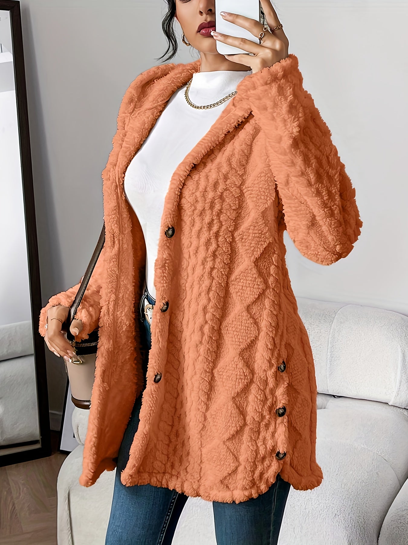 CYC Plush Jacquard Hooded Cardigan Coat