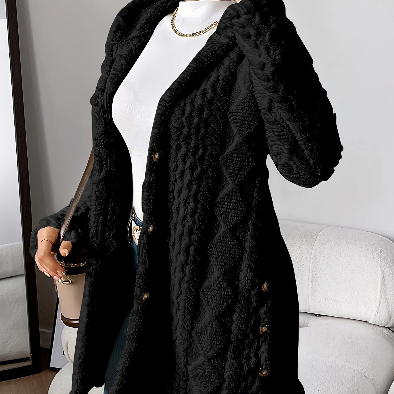 CYC Plush Jacquard Hooded Cardigan Coat