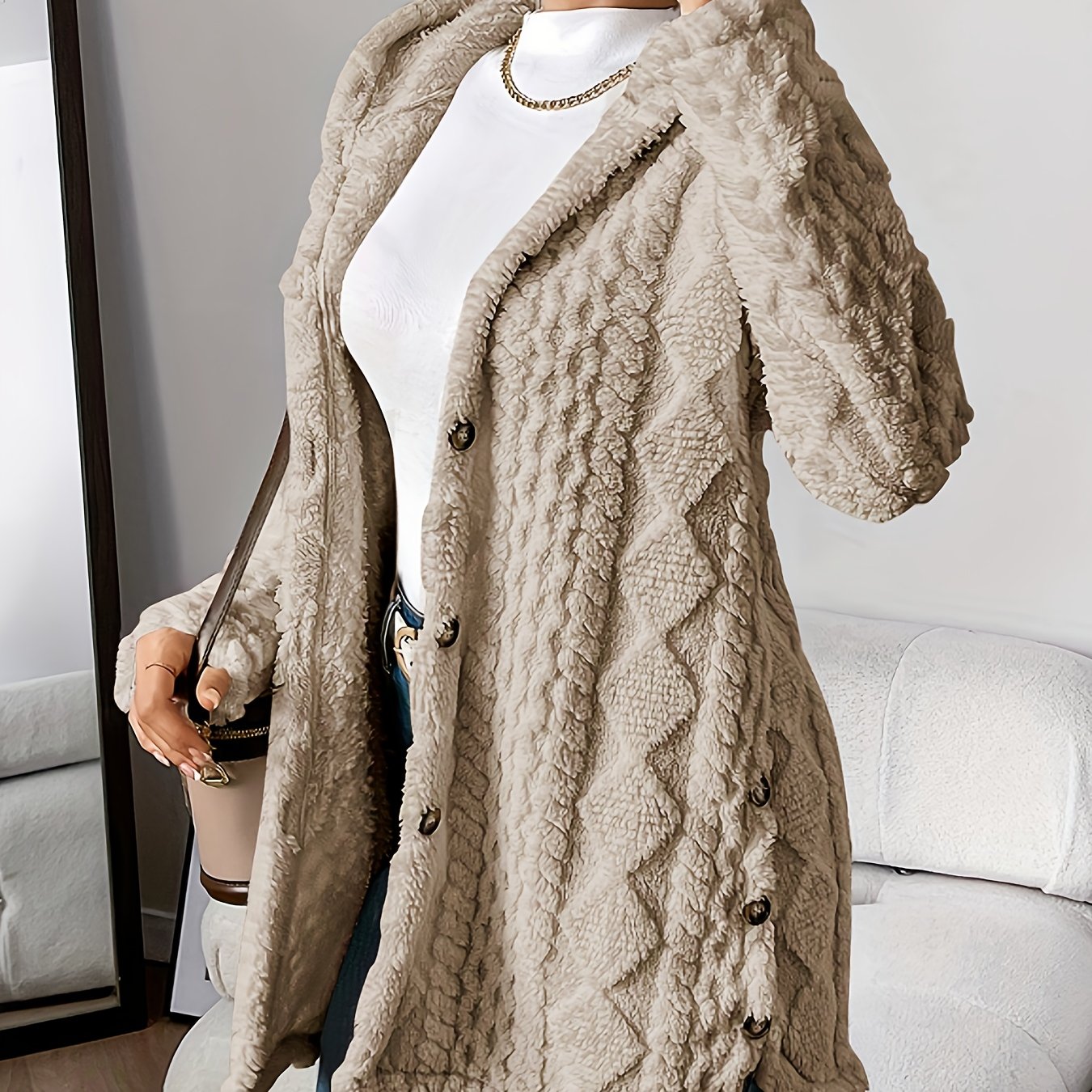 CYC Plush Jacquard Hooded Cardigan Coat