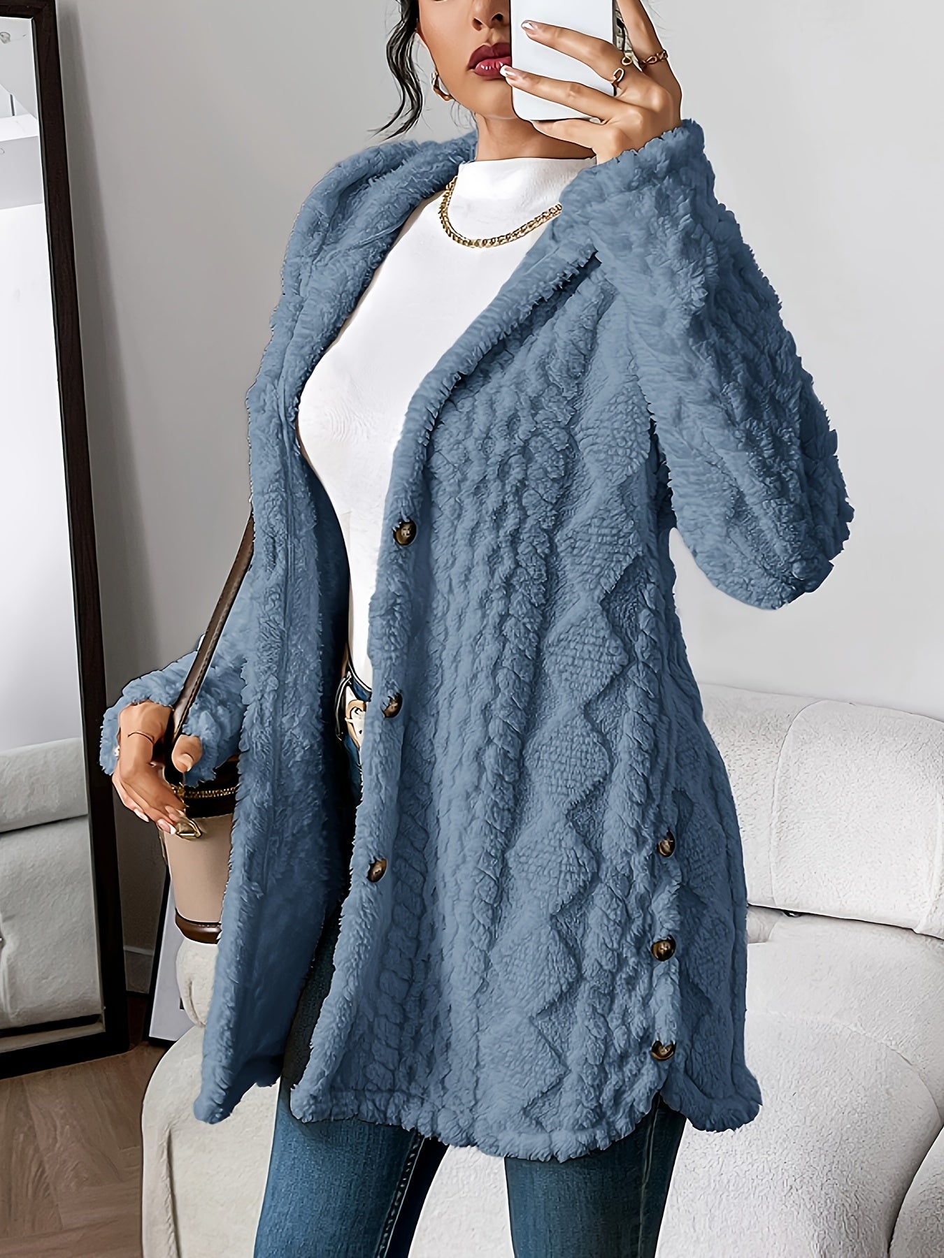 CYC Plush Jacquard Hooded Cardigan Coat