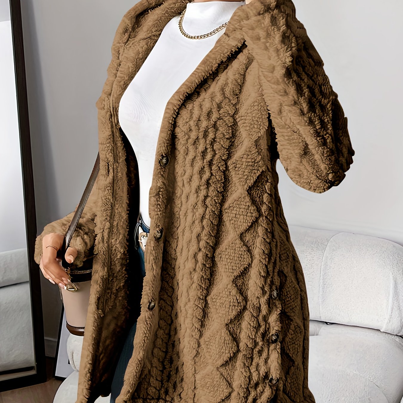 CYC Plush Jacquard Hooded Cardigan Coat