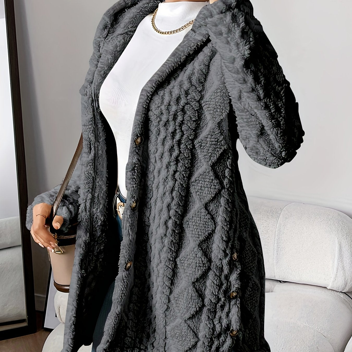 CYC Plush Jacquard Hooded Cardigan Coat