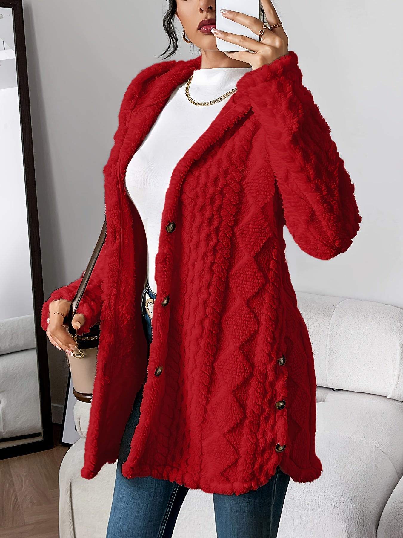 CYC Plush Jacquard Hooded Cardigan Coat