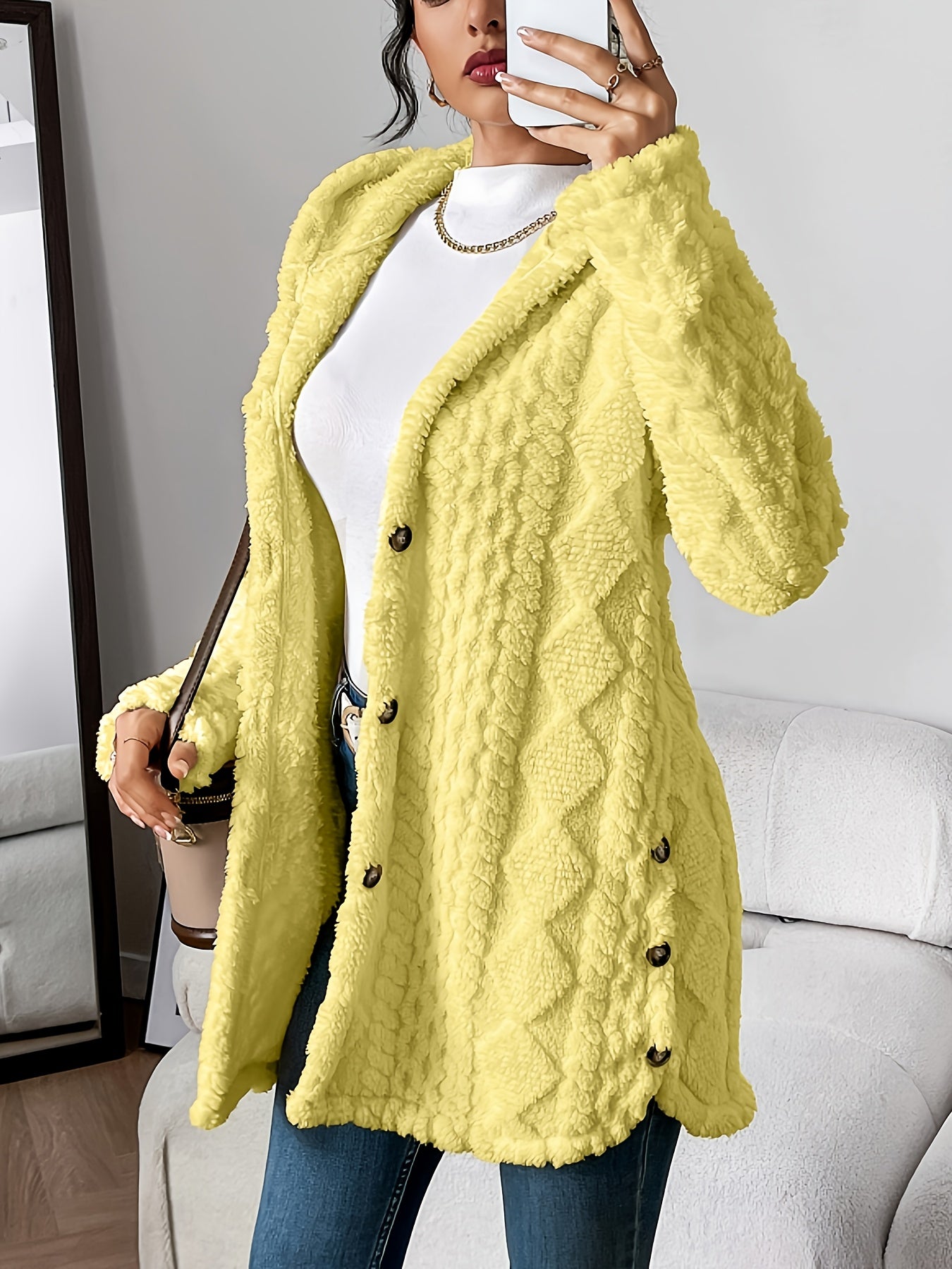 CYC Plush Jacquard Hooded Cardigan Coat