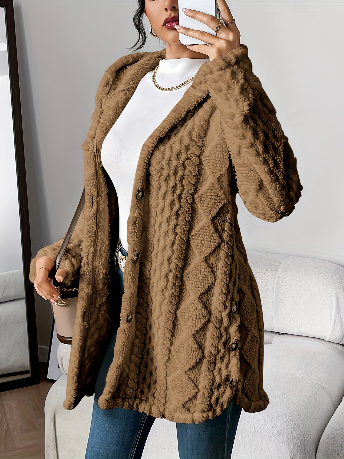 CYC Plush Jacquard Hooded Cardigan Coat